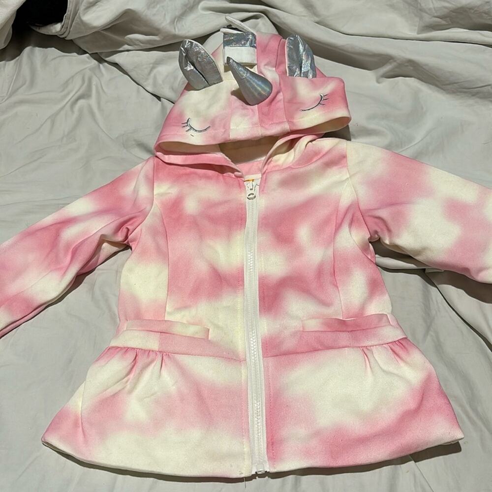 C&C California unicorn hooded fleece lined pink tye dye jacket front pockets euc